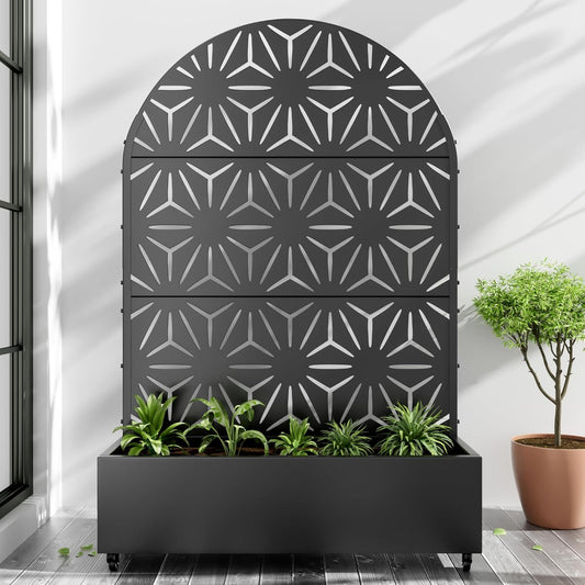 Casaphoria Metal Raised Garden Bed with Trellis and Wheels, 72"x47"x16" Arched Planter Box for Climbing Plants, Vegetables & Vines, Features Drainage Holes and Privacy Screen (Black-Star)