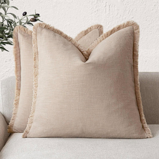 Foindtower Set of 2 Decorative Linen Fringe Throw Pillow Covers Boho Farmhouse Cushion Cover with Tassels Soft Accent Pillowcase for Couch Chair Sofa Bed Living Room Home Decor,18×18 Inch,Tan Beige