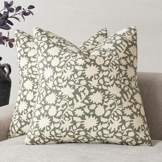 Foindtower Set of 2 Decorative Neutral Floral Throw Pillow Covers Accent Farmhouse Cushion Covers Boho Vintage Pillowcase for Couch Sofa Bedroom Living Room Home Decor Outdoor,22×22 Inch,Sage Green