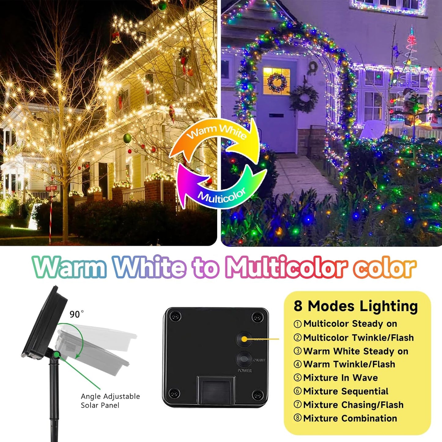 SANJICHA Warm White and Multicolor Color Changing Solar String Lights, Extra-Long 2PK 144FT 400LED Solar Fairy Lights Outdoor Waterproof, Copper Wire 8 Modes for Garden Party Wedding Decorations
