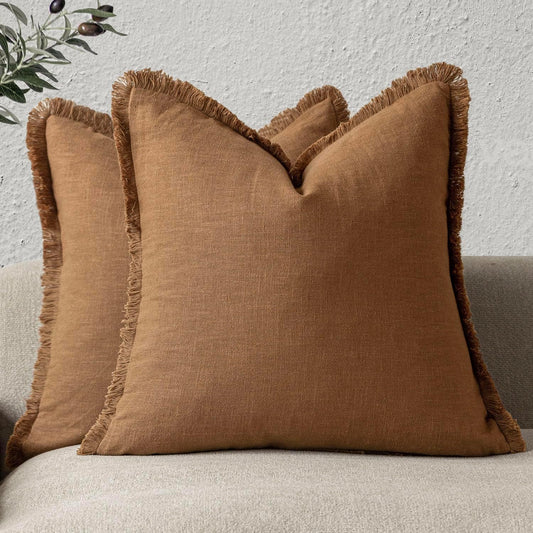 Foindtower Set of 2 Decorative Linen Fringe Throw Pillow Covers Boho Farmhouse Cushion Cover with Tassels Soft Accent Pillowcase for Couch Sofa Bed Living Room Home Decor,24×24 Inch,Orange Brown