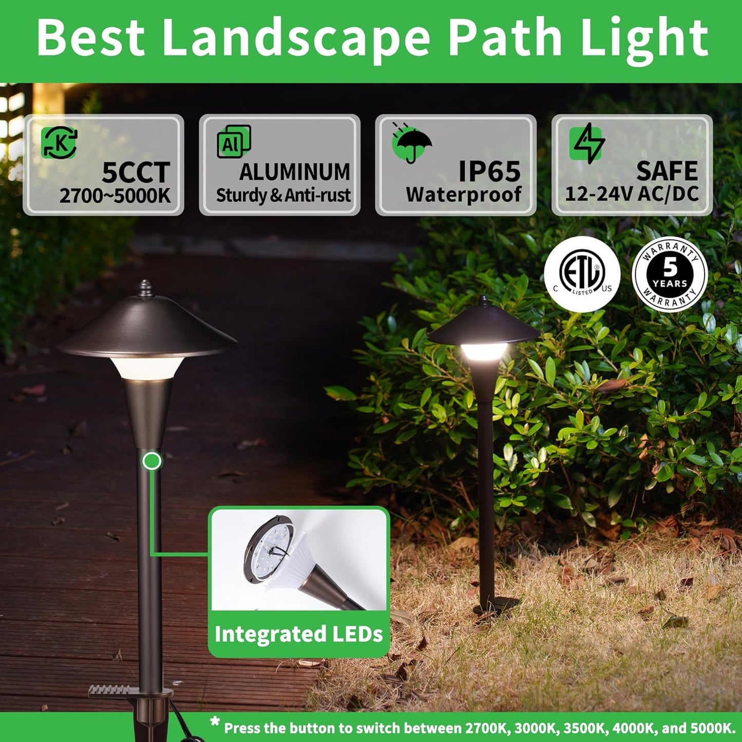 Pathway Landscaping Lighting, Low Voltage 5cct Modes Garden Path Light LED 12V, Outdoor Waterproof Sidewalk Lights, 5W 200LM Oil Rubbed Bronze Aluminum for Outside Walkways Yard (12 Pack)