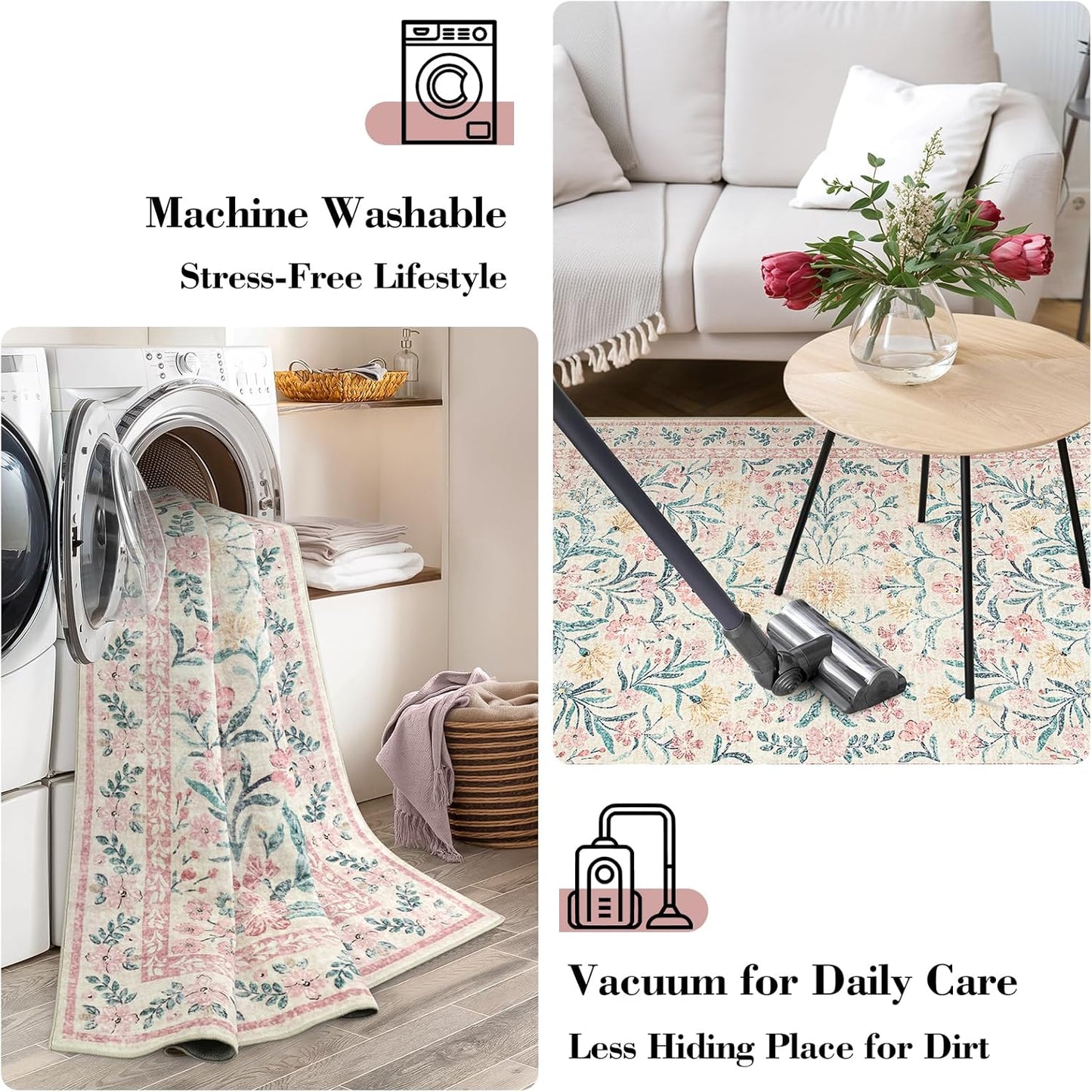 Wonnitar Machine Washable 5x7 Nursery Rug, Pink Rugs for Bedroom Girls, Boho Soft Floral Carpet Non Slip, Indoor Ultra-Thin Floor Carpet for Kid Room Living Room Dorm