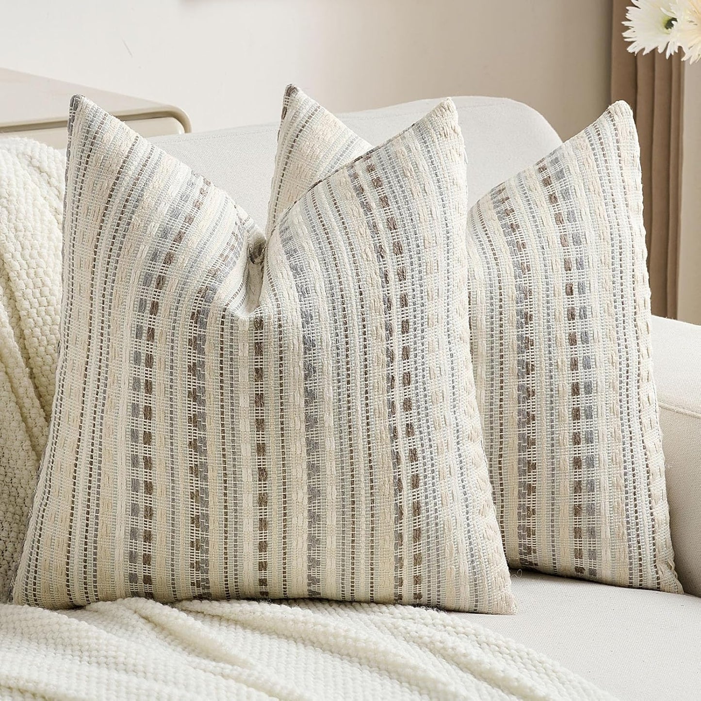 FUTEI Grey White Decorative Throw Pillow Covers 24x24 Inch Set of 2,Soft Cozy Chenille Jacquard Textured Euro Pillow Shams,Boho Home Decor for Couch Bed Living Room