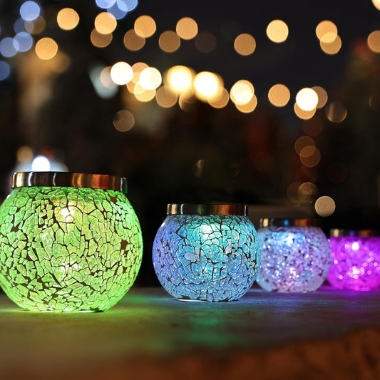 Cooo 6 Pack Heavy Solar Mosaic Crackle Glass Lights with Dual Solar Panels, Color-Changing RGB Lantern, Exclusive Dazzling Glass, Waterproof Outdoor Table Lamps Garden Lamp Landscape Path Light