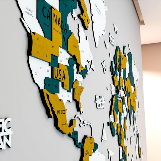 Colorfull Worlds 3D Wooden World Map Wall Art | Unique Wall Decor with Pins for Travel Enthusiasts | Home and Office Wall Décor | Gold-Blue | XXLarge