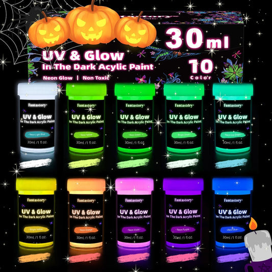 Fantastory Glow in the Dark Acrylic Paint,10 Bright Colors(30ml/1oz); Waterproof, Indoor Outdoor Black Light Paints for Halloween Rocks,Wood,DIY Crafts,Pumpkin, Adults