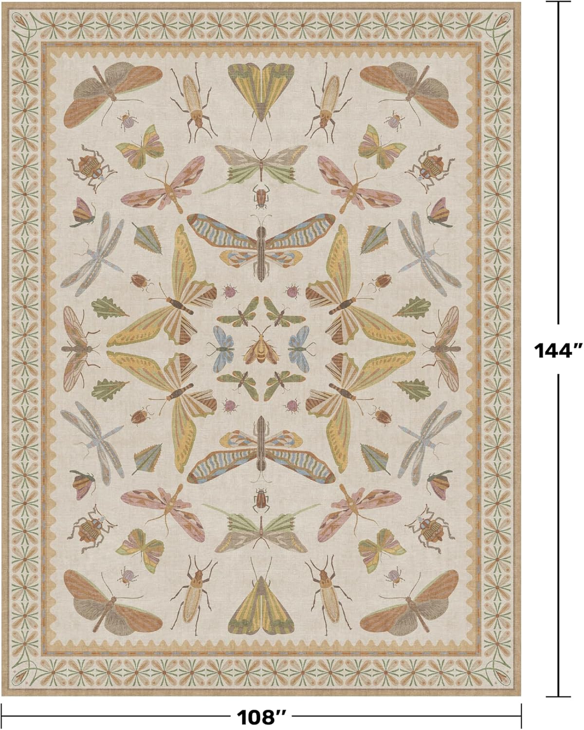 Large Beige Farmhouse Rugs for Living Room - 9x12 Area Rug for Bedroom, Dining Room, Kids Playroom, Stain Resistant Non Slip Low Pile Lightweight Carpet Indoor Butterfly Décor