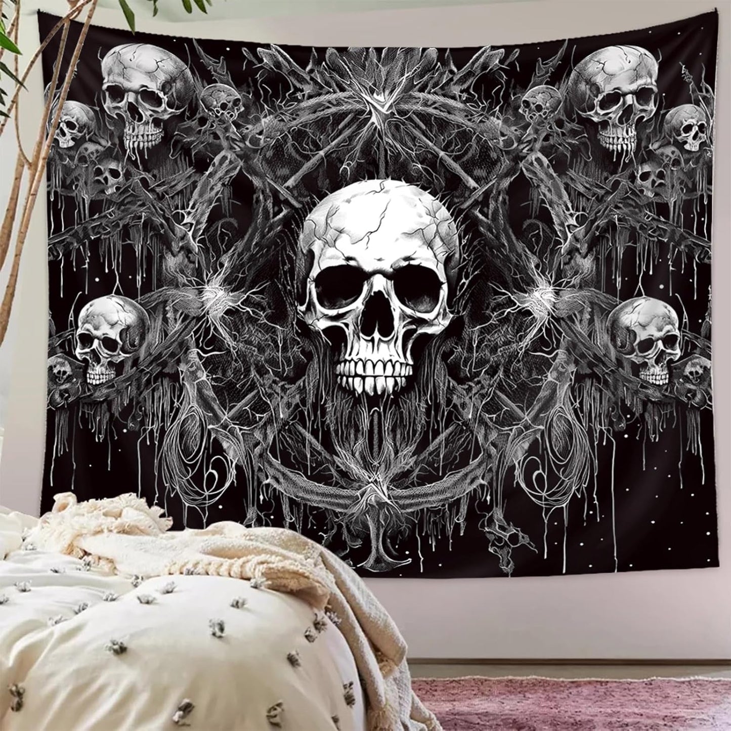 Tapzen Gothic Black and White Wall Tapestry - Dark Skeleton Horror Design - Aesthetic Cool for Bedroom, Living Room, Dorm (60 x 60 inches)