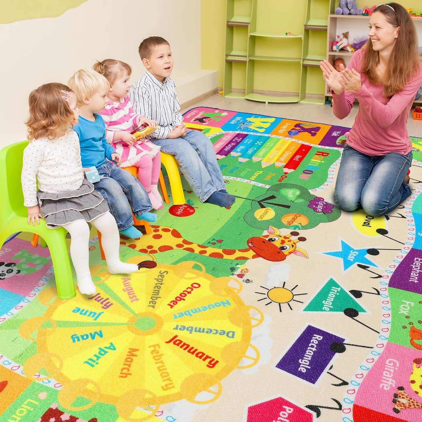Kids Rugs for Playroom Classroom Bedroom, Educational and Fun Play Mat with ABC Alphabet Animals, Learning Rug for Children Toddler Baby Girls Boys Nursery, Washable, 4x6