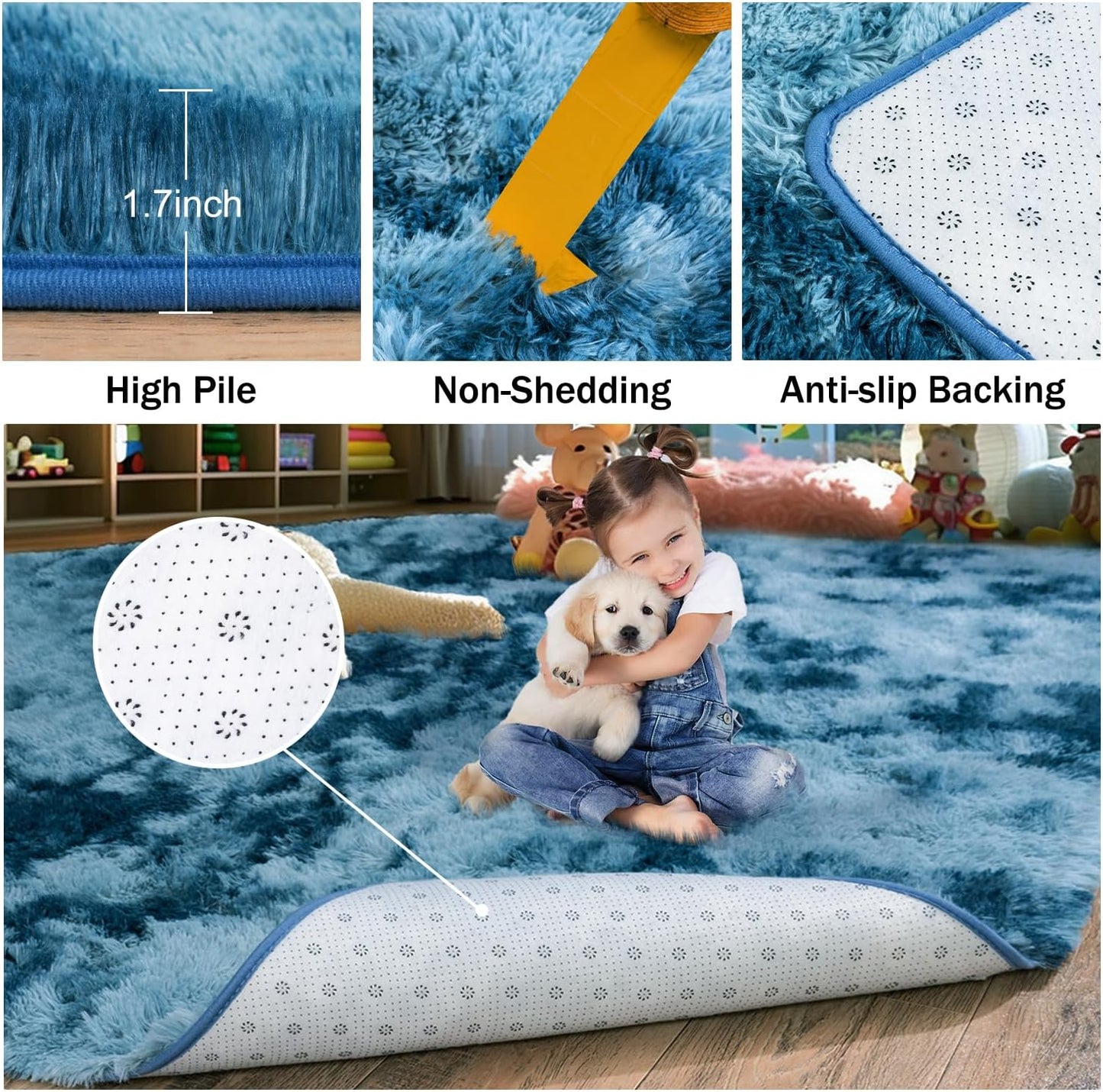 Rezutan Fluffy Rug for Living Room Bedroom, Super Soft Modern Shaggy Fuzzy Kids, Plush Indoor Nursery Home Decor Bedside for Living Room with Non-Slip Bottom, Tie Dye Peacock Blue, 4X6 Feet