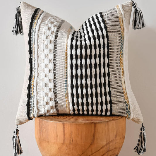 AmHoo Chenille Striped Textured Boho Throw Pillow Covers Aesthetic with Tassels Woven Decorative Pillow Case for Couch Bed Sofa Bedroom Modern Funky 18 x 18-Inch Black