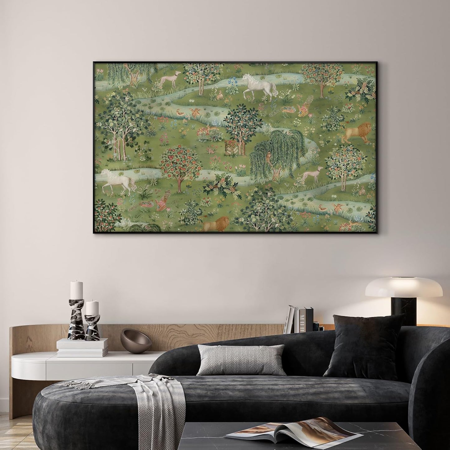SIGNWIN 30"x60" Extra Large Framed Wall Art Medieval Fantasy Forest with Woodland Animals, Storybook-Inspired Scene for Home Living Room Bedroom Decor (Frame Assembly Required)