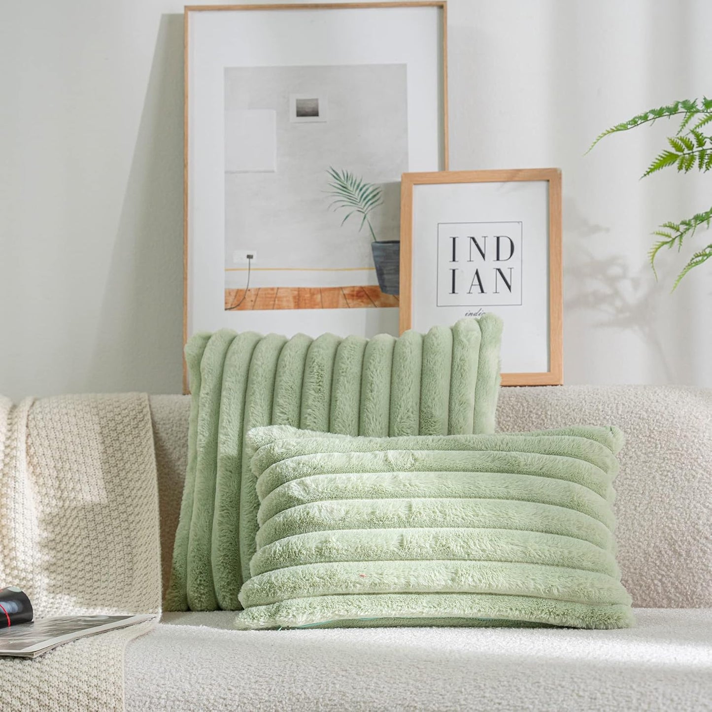 DEELAND Pack of 2,Double-Sided Faux Fur Plush Decorative Throw Pillow Covers Fuzzy Striped Soft Pillowcase Cushion Covers for Sofa Couch Bedroom Green 16x16 inch