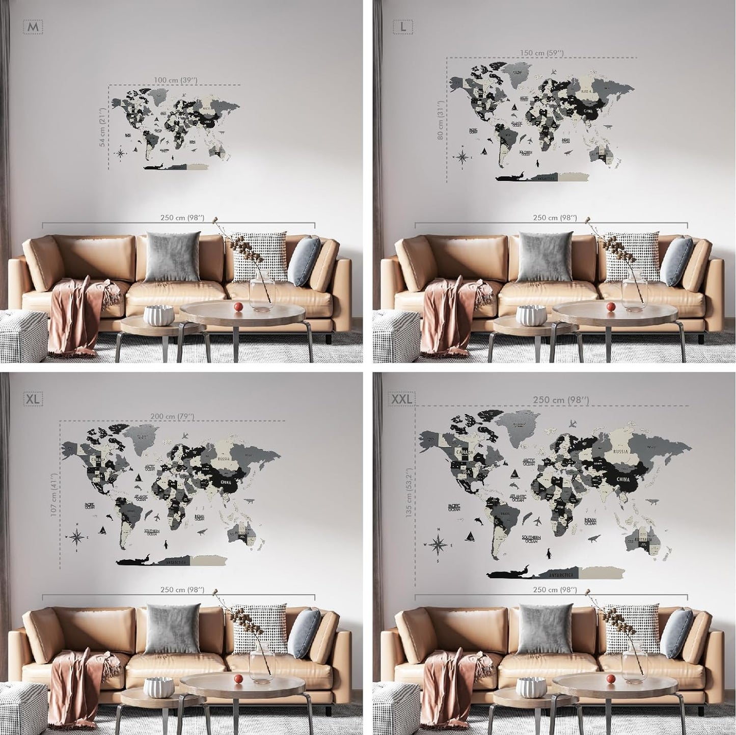 Colorfull Worlds 3D Wooden World Map Wall Art | Unique Wall Decor with Pins for Travel Enthusiasts | Home and Office Wall Décor | Grey | XLarge
