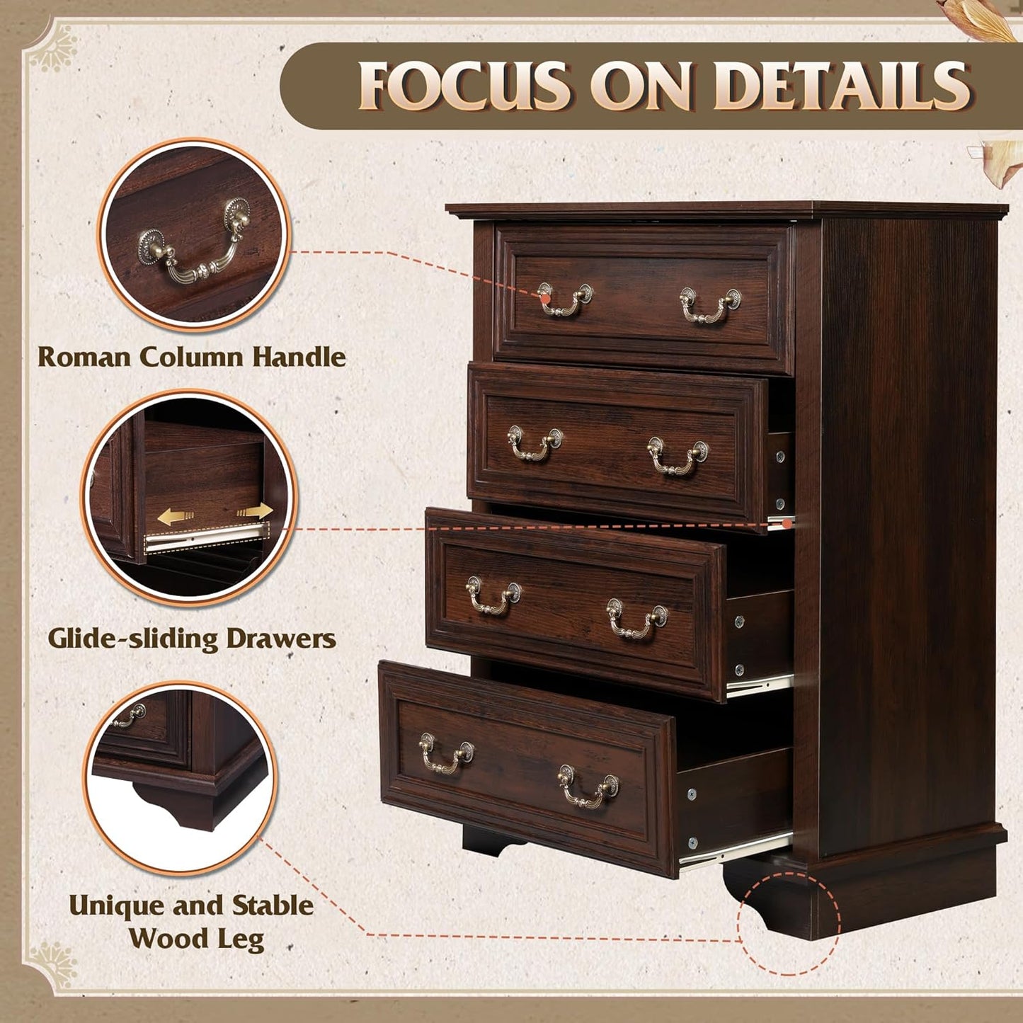 WLIVE Farmhouse Dresser for Bedroom, Tall Wood Dresser with 4 Drawers, Chest of Drawers with Roman Metal Handle for Living Room, Hallway, Closet, Rustic Brown