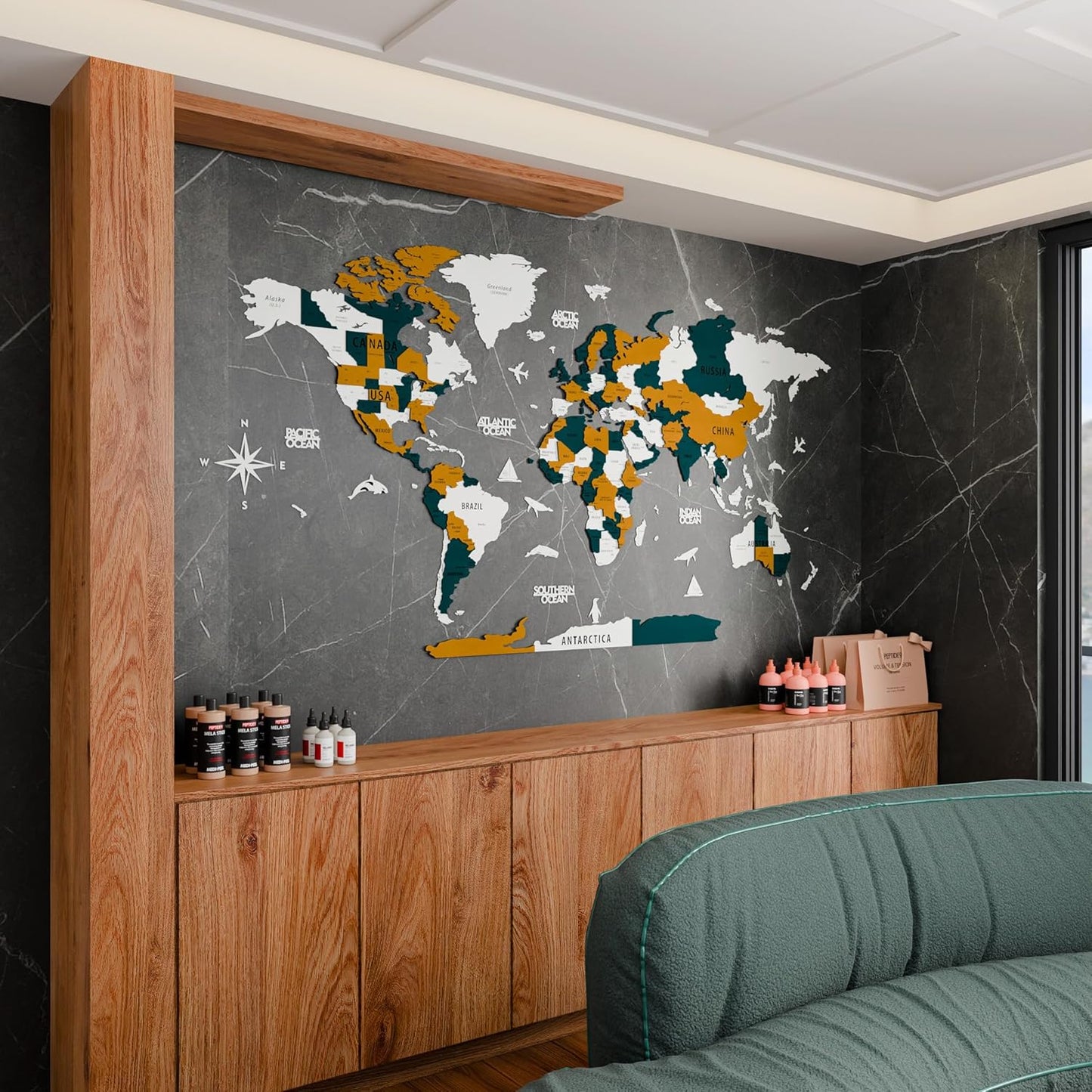 Colorfull Worlds 3D Wooden World Map Wall Art | Unique Wall Decor with Pins for Travel Enthusiasts | Home and Office Wall Décor | Gold-Blue | Medium