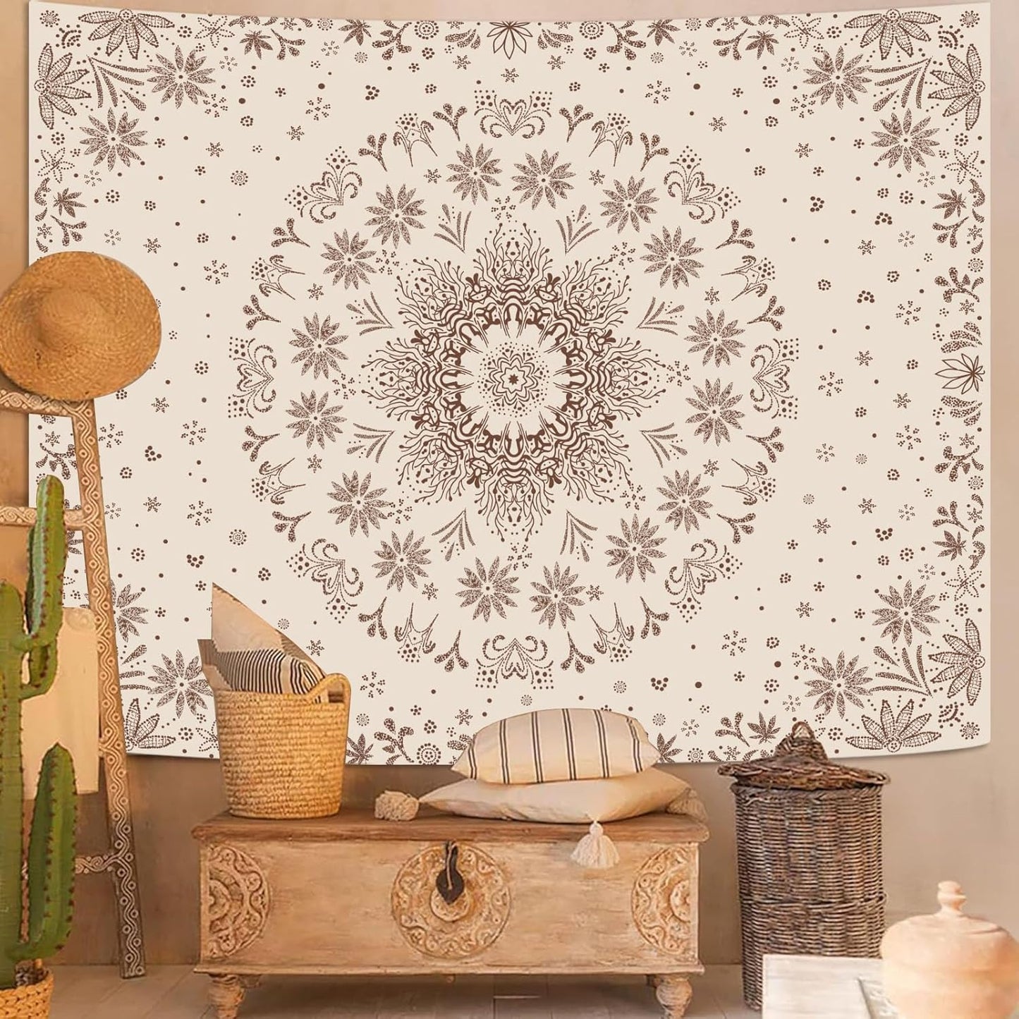 Fowocu Boho Floral Mandala Tapestry Wall Hanging Bohemian Flower Medallion Tapestry Aesthetic Beige Brown Hippie Indian Small Tapestries for Bedroom Living Room Dorm Decor 48 x 36 Inch