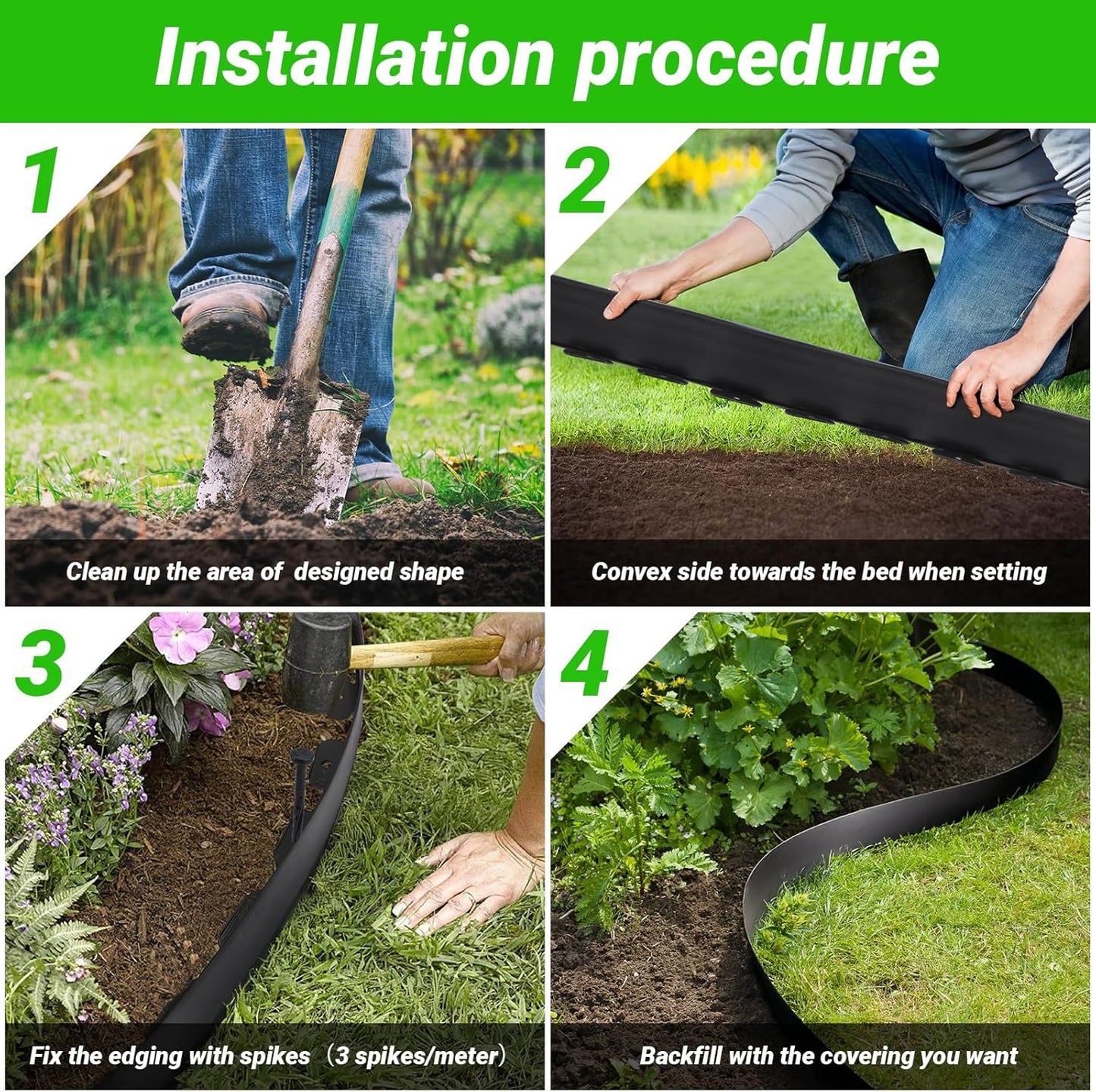 Greaner Landscape Edging Kit, Durable Plastic Garden Border Edging with 130 PCS Spikes, No Dig Edging for Landscaping, Flexible Lawn Edging for Garden, Flower Beds, Lawn, Yard, Pathway(Black, 66FT)