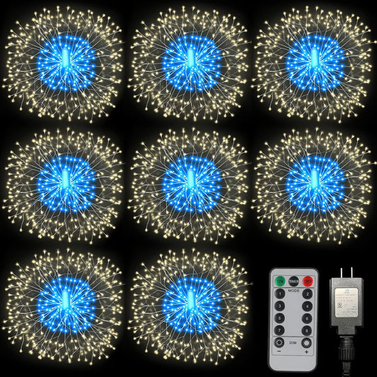 8 Pack Firework Lights 180 Led Copper Wire with 8 Models Power Supply Remote Control Waterproof Outdoor Hanging for Decor Garden Party Christmas