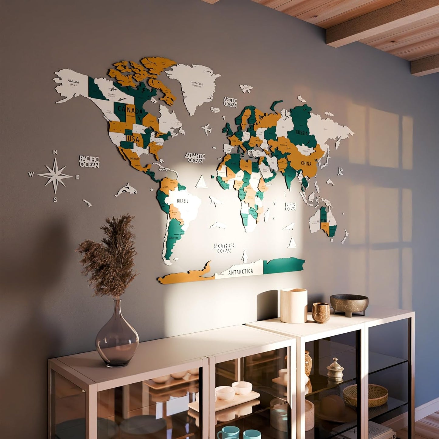 Colorfull Worlds 3D Wooden World Map Wall Art | Unique Wall Decor with Pins for Travel Enthusiasts | Home and Office Wall Décor | Gold-Blue | Medium