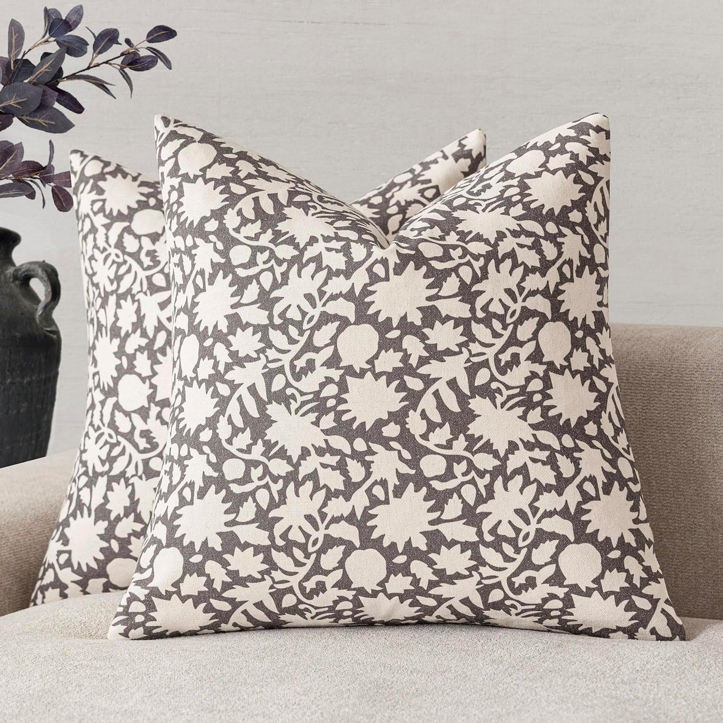 Foindtower Set of 2 Decorative Neutral Floral Throw Pillow Covers Accent Farmhouse Cushion Covers Boho Vintage Pillowcase for Couch Sofa Bedroom Living Room Home Decor Outdoor,20×20 Inch,Rustic Gray