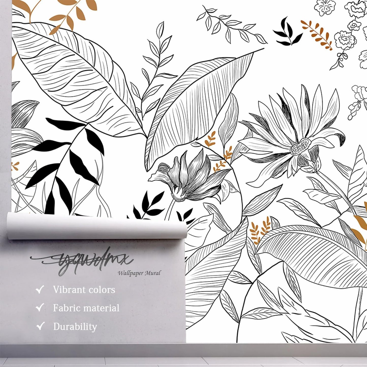 -Hand-Painted Flower Plant Fabric Wallpaper Simple Art Living Room 100" x 65" (Not Peel and Stick)