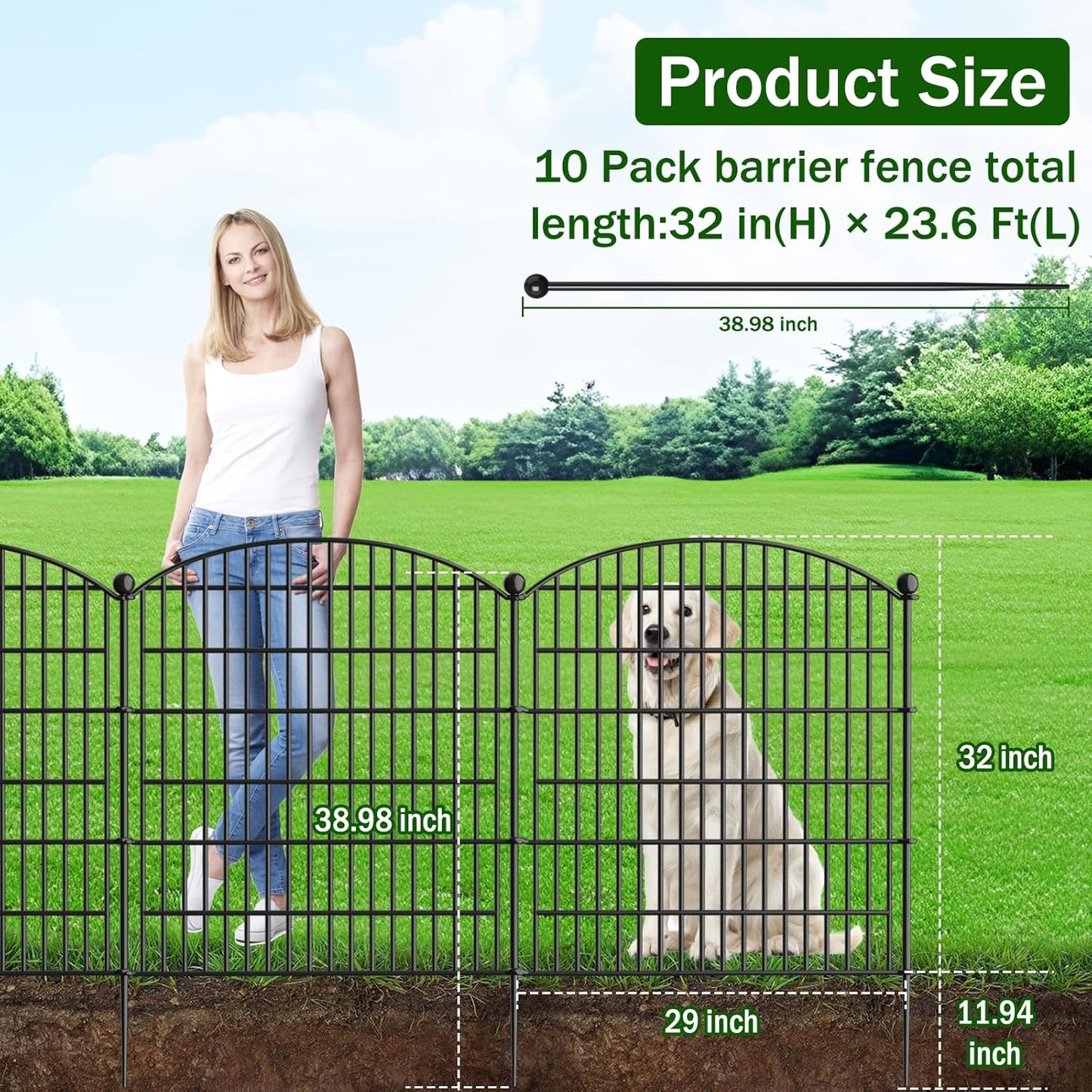 10 Panels Decorative Garden Fence with Gate - 32 in (H) x 23.6 ft (L) No Dig Dog Fence Outdoor for Yard, Rustproof Tall Garden Fencecing Panels, Animal Barrier Suitable for Yard Border, Patio