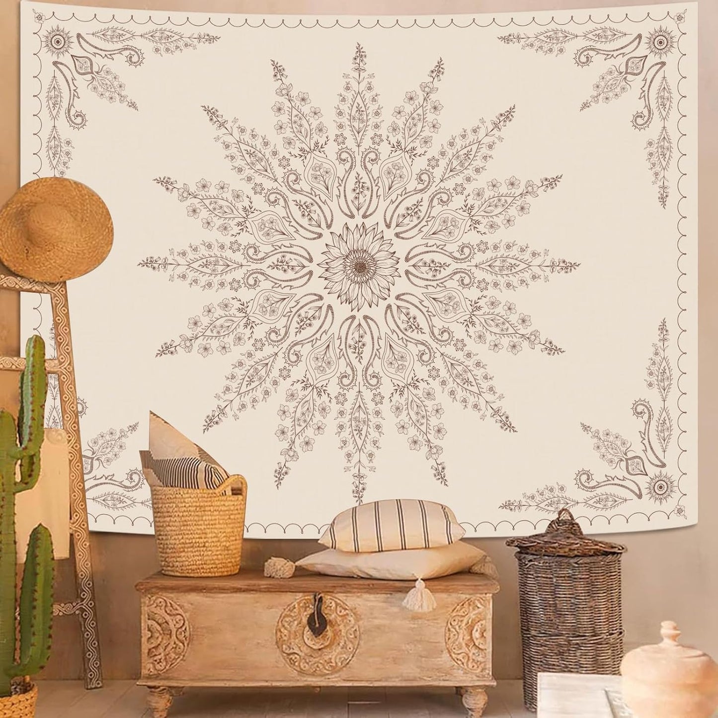 Fowocu Boho Floral Mandala Tapestry for Bedroom Aesthetic Bohemian Flower Wall Tapestry Beige Hippie Indian Small Tapestries Wall Hanging for Living Room Dorm Decor 40 x 30 Inch
