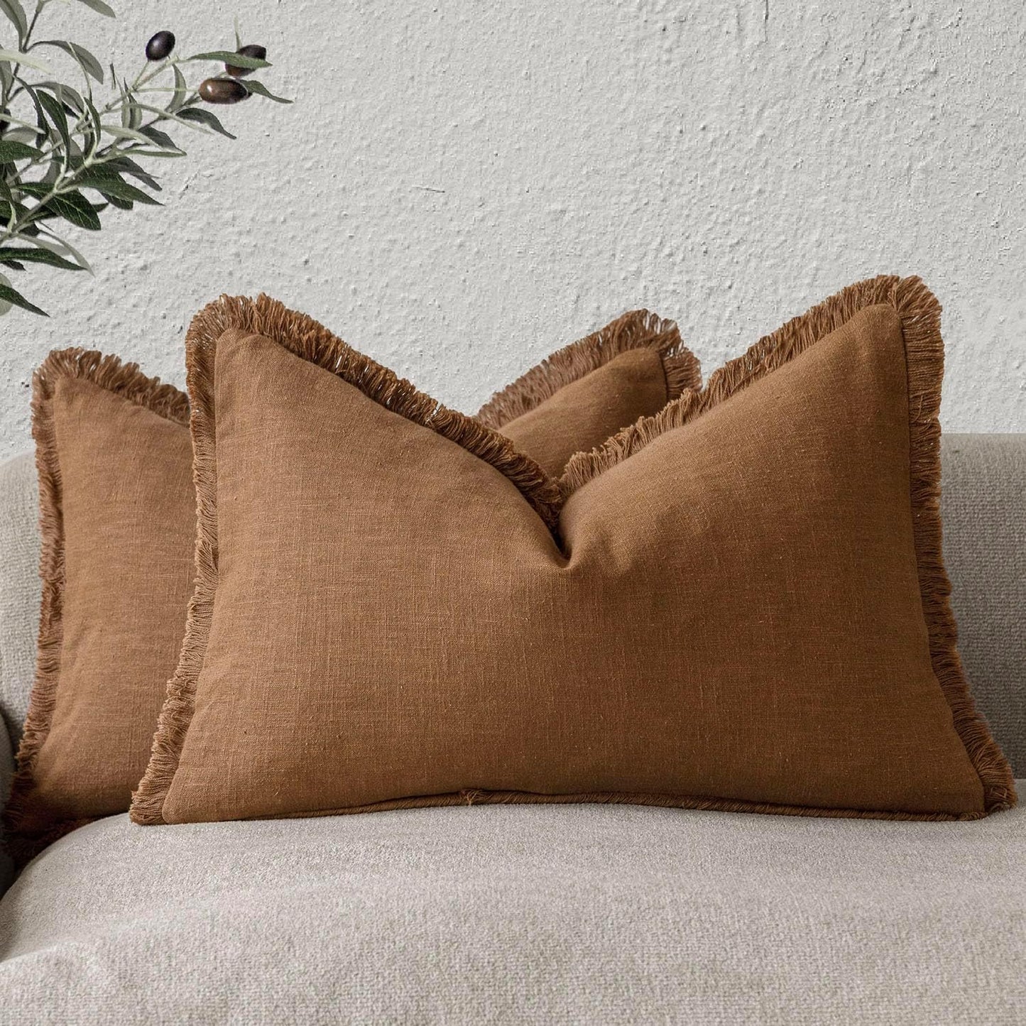 Foindtower Set of 2 Decorative Linen Fringe Throw Pillow Covers Cozy Farmhouse Cushion Cover with Tassels Lumbar Accent Pillowcase for Couch Bed Living Room Home Bedroom Decor, 12×24 Inch,Orange Brown
