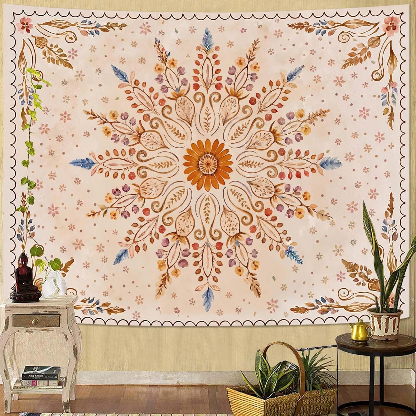 Fowocu Boho Floral Mandala Tapestry for Bedroom Aesthetic Watercolor Bohemian Flower Wall Tapestry Brown Beige Hippie Indian Small Tapestries Wall Hanging for Living Room Dorm Decor 40 x 30 Inch