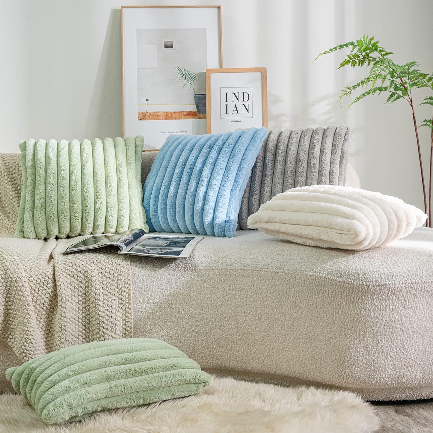 DEELAND Pack of 2,Double-Sided Faux Fur Plush Decorative Throw Pillow Covers Fuzzy Striped Soft Pillowcase Cushion Covers for Sofa Couch Bedroom Green 16x16 inch