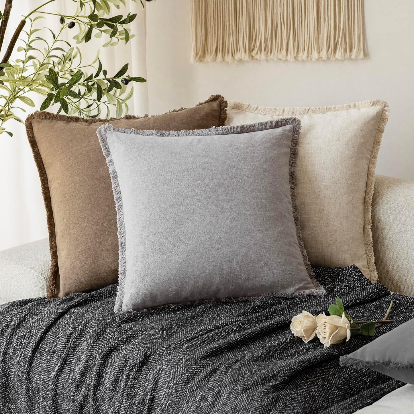 Foindtower Set of 2 Decorative Linen Fringe Throw Pillow Covers Cozy Farmhouse Cushion Cover with Tassels Accent Pillowcase for Couch Chair Sofa Bed Living Room Home Decor,18×18 Inch,Light Rustic Gray