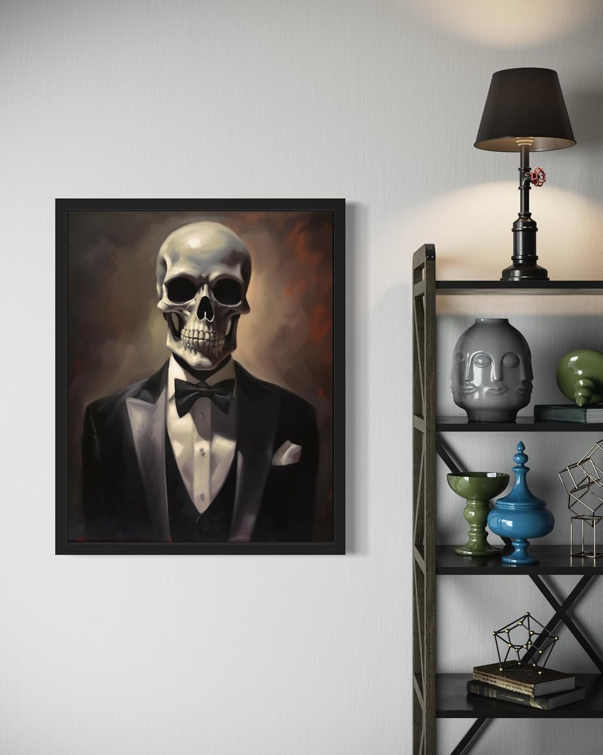 Skull Portrait Poster Art Print, Halloween Scary Vintage Wall Art Academia Spooky Painting Decoration for Horror Prints, Gothic Posters Bedroom Decor 89 (Skull Portrait, 8 x 10 inches, Black Frame)