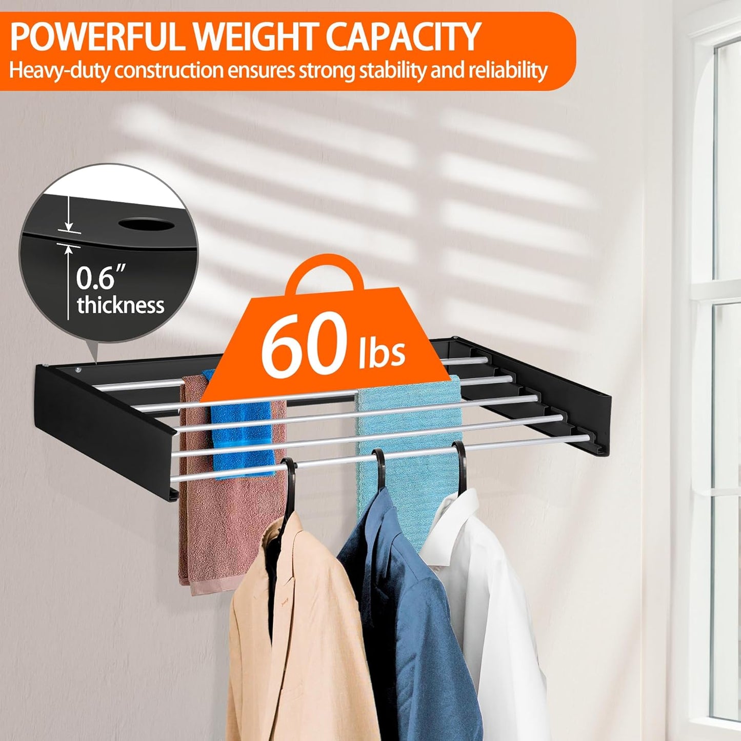 FOCHIER F Laundry Drying Rack Wall Mounted Clothes Drying Rack Collapsible with 5 Aluminum Rods and Drilling Template Long Screwdriver Bit 60 lbs Capacity (Black, 40")