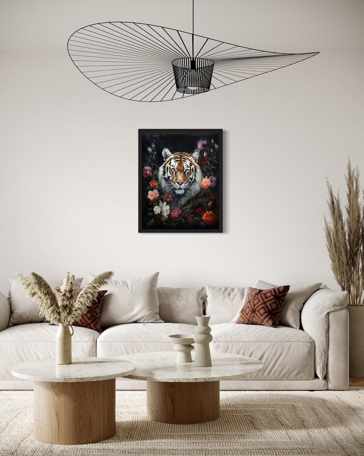 Tiger and Flower Poster Art Print, Halloween Scary Vintage Wall Art Academia Spooky Painting Decoration for Horror Prints, Gothic Posters Bedroom Decor 89 (Tiger and Flower, 16 x 20 inches, Black Frame)