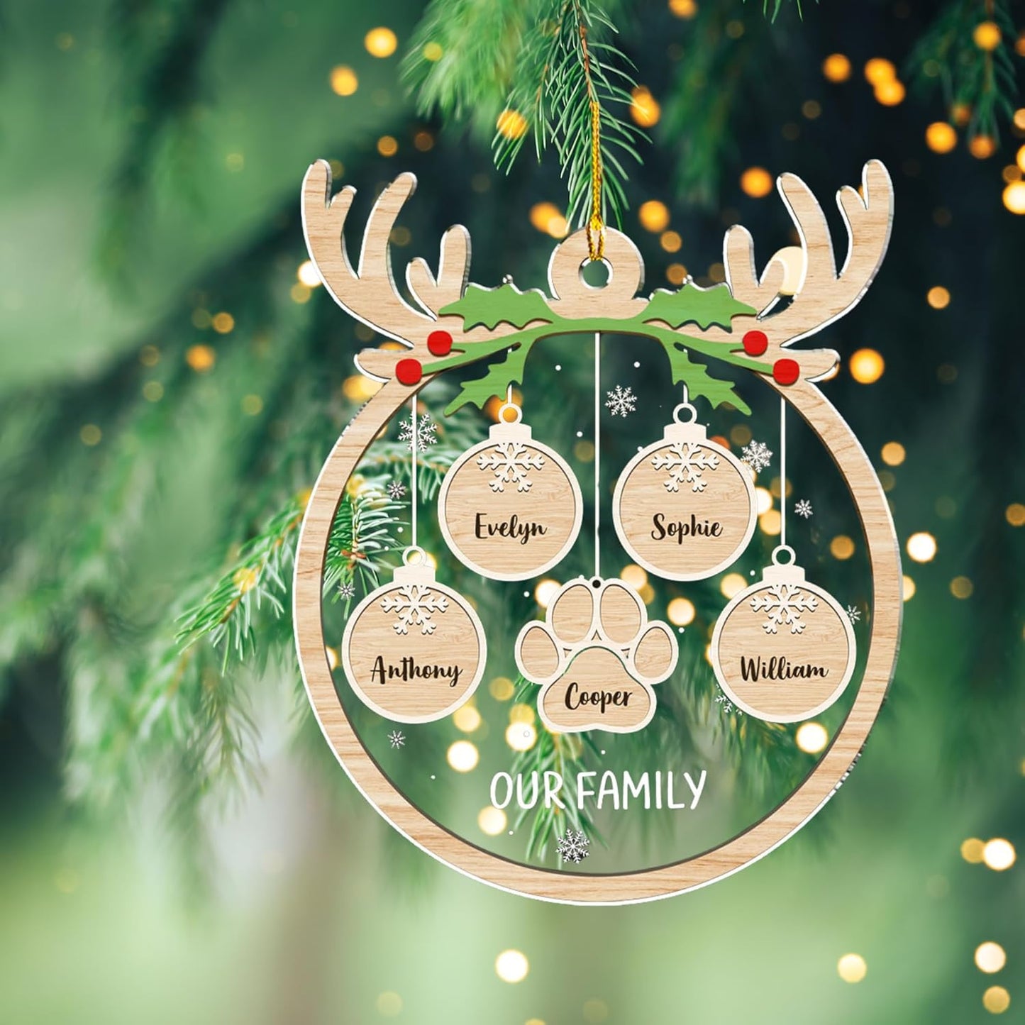 Personalized Family Christmas Acrylic Ornament 2024 - Custom Name Charms Family Members up to 10 People and Pets, Paw Charm Ornament Gifts for Family Tree Decoration (A01, 6 Names)