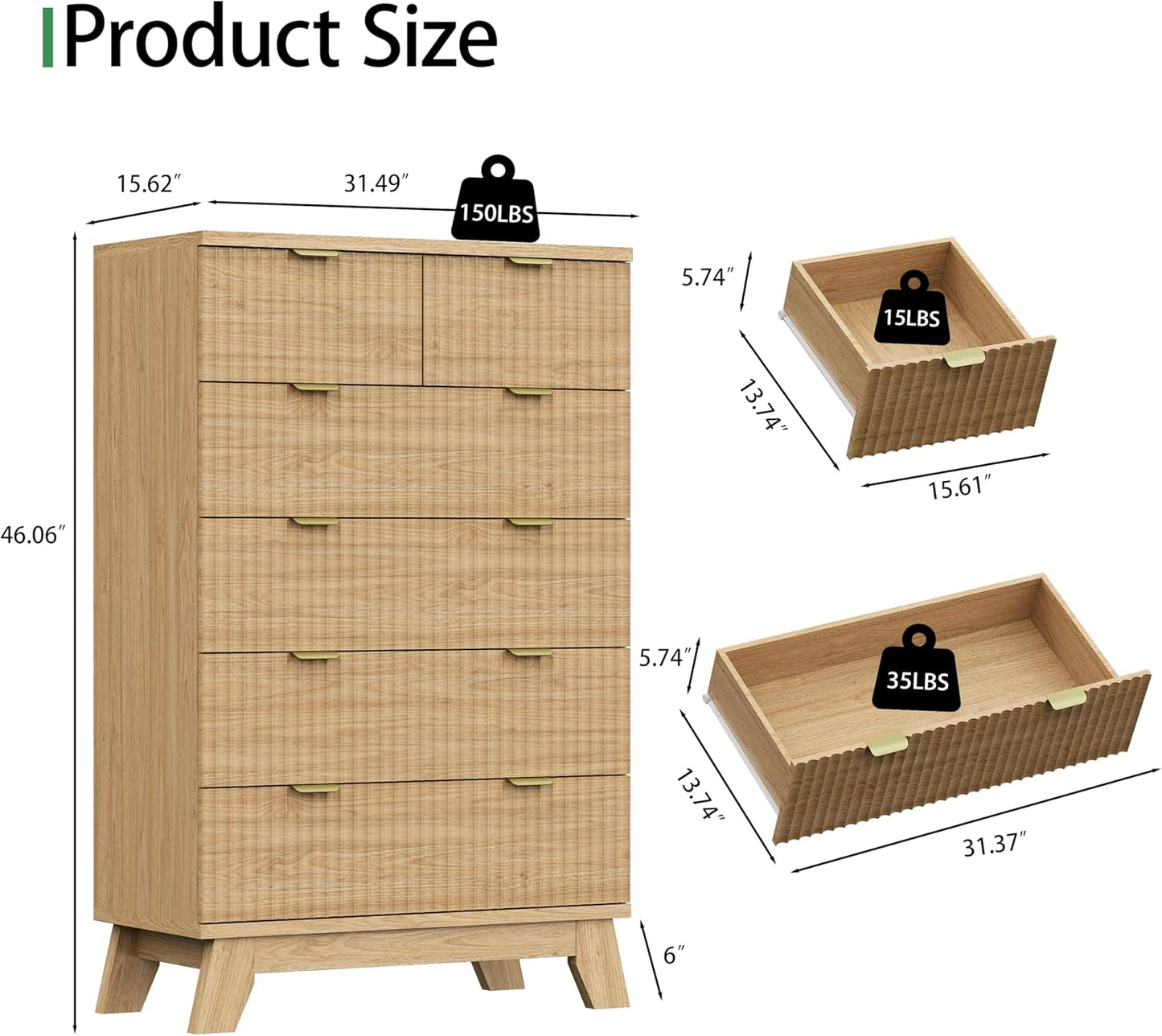 Fluted Dresser for Bedroom with 6 Drawers, 46" Tall Modern Chest of Drawers with Metal Handle, Wooden Dresser TV Stand, Wood Closet Clothes Storage Organizer for Living Room, Hallway, Natural Oak