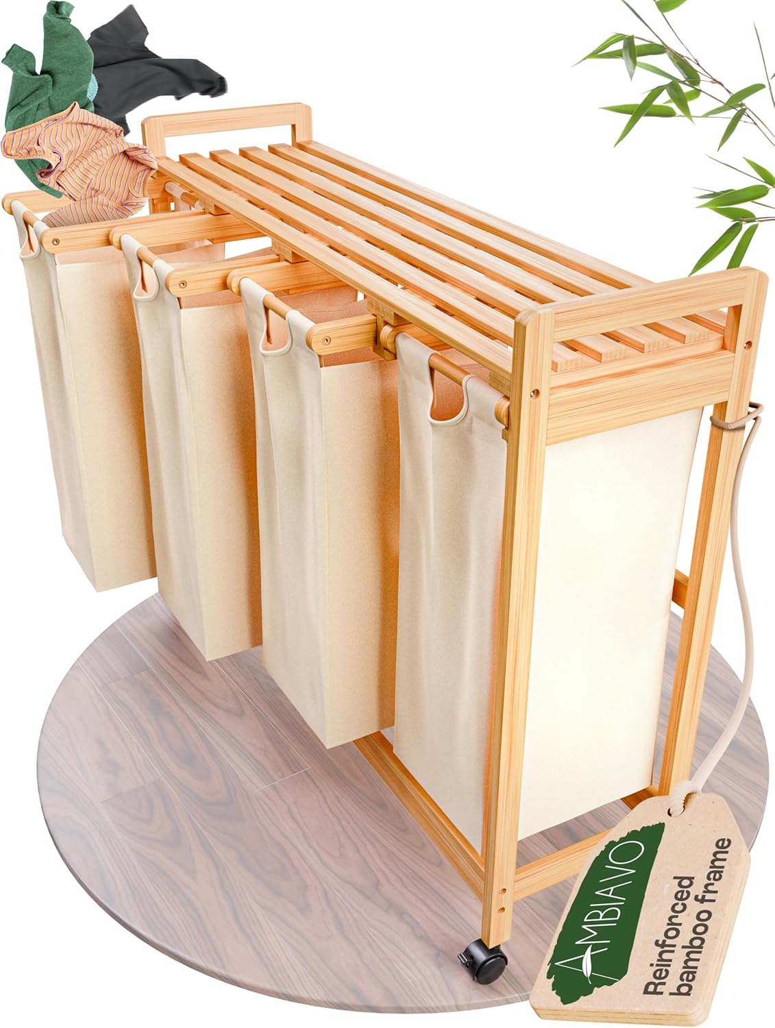 Laundry Sorter with 4 Sections beige, Hamper with Removable Cotton Bags & Wheels – Perfect Laundry Organizer - Eco-Friendly Rolling Laundry Basket – Durable Bamboo and Stylish Design
