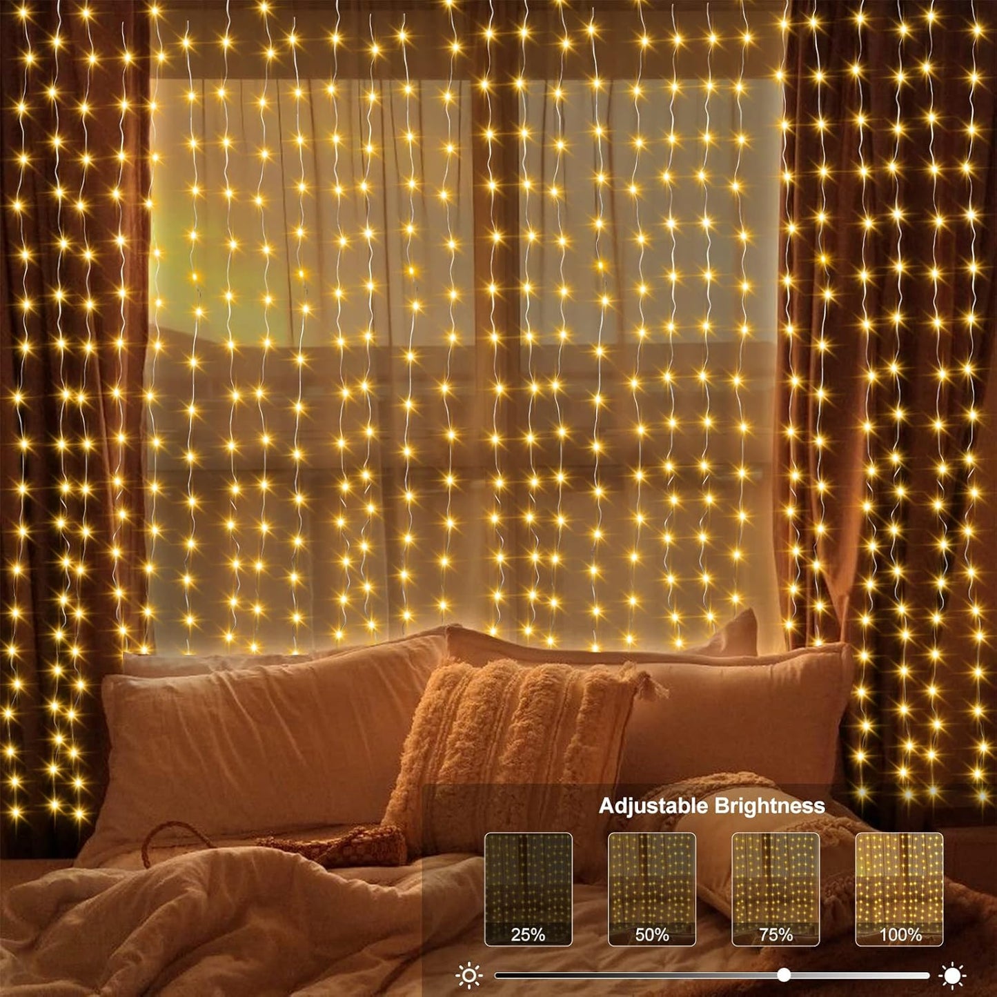 300 LED Fairy Curtain Lights 2 Color Changing, 9.8Ft x 9.8Ft Hanging Lights Battery Operated with Hooks, Outdoor Curtain Light Waterproof for Party Backdrop Patio Decorations (Warm White & Color)
