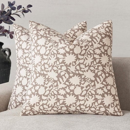 Foindtower Set of 2 Decorative Neutral Floral Throw Pillow Covers Accent Farmhouse Cushion Covers Boho Vintage Pillowcase for Couch Sofa Bedroom Living Room Home Decor Outdoor,24×24 Inch,Tan