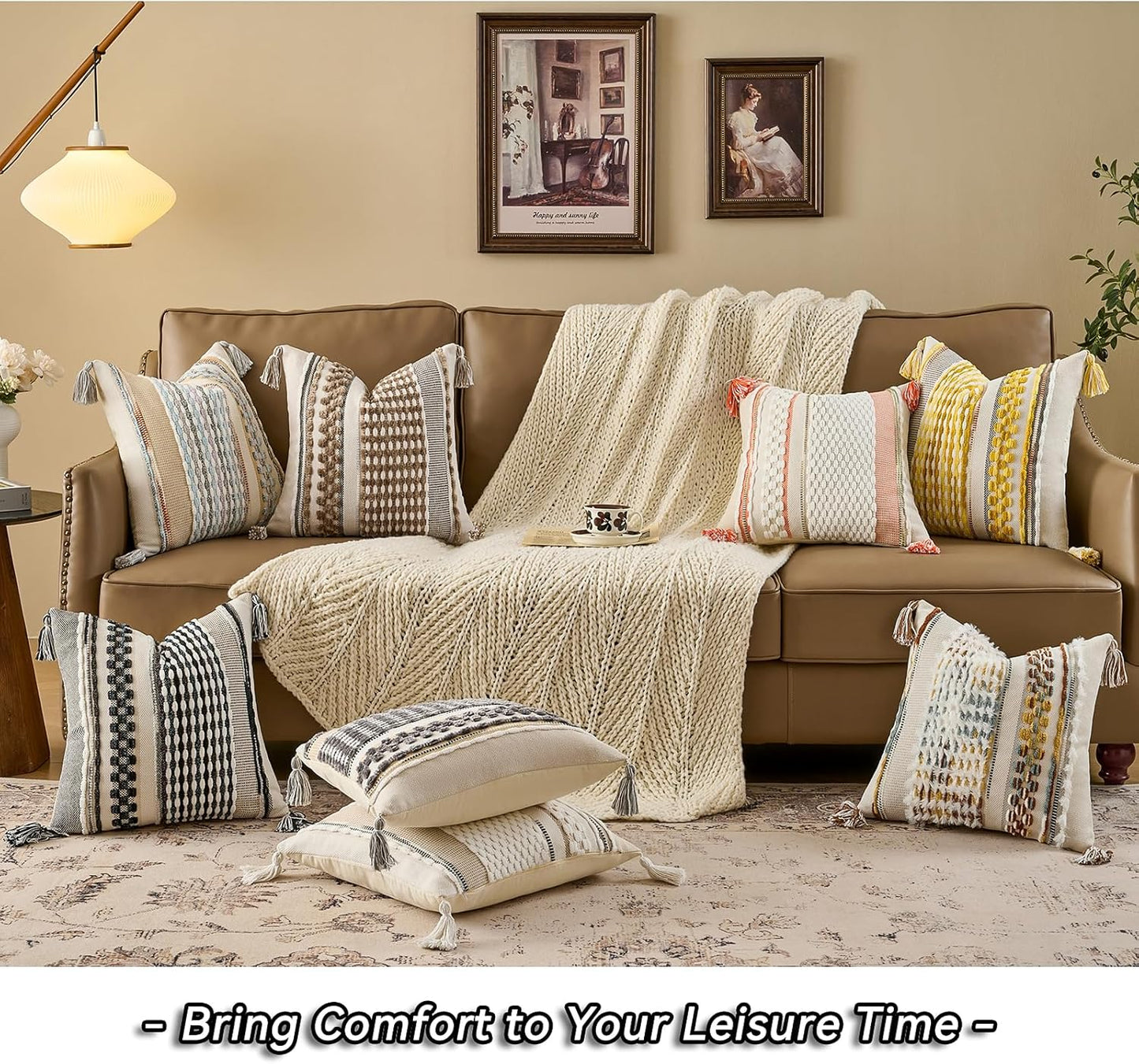 AmHoo Set of 2 Chenille Striped Textured Boho Throw Pillow Covers Aesthetic with Tassels Woven Decorative Pillow Case for Couch Bed Sofa Bedroom Modern Funky 18 x 18-Inch Yellow
