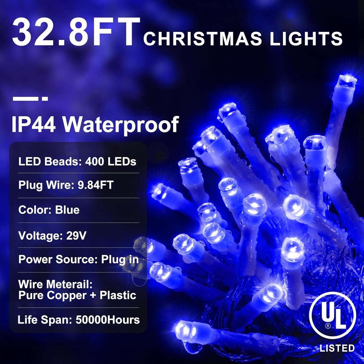 KNONEW Christmas Lights Outdoor Decorations 400 LED 33ft 8 Modes Curtain String Light with 75 Drops, Clear Wire LED Fairy Light Indoor Decor for Wedding Party Christmas Decorations(Blue)