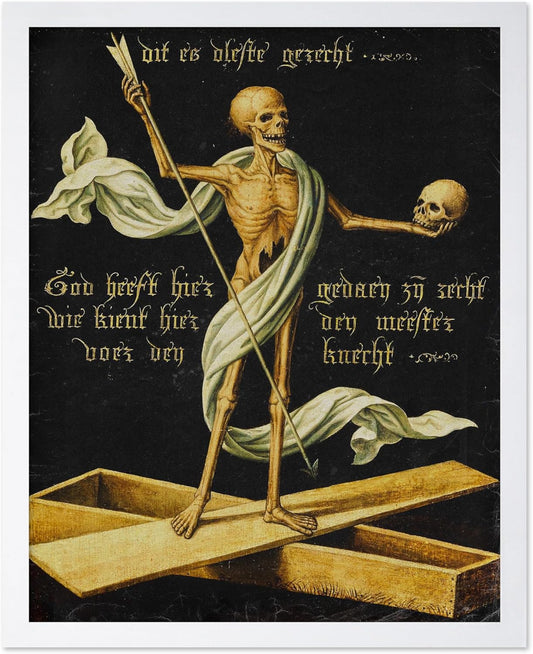 Poster Master Vintage Medieval Poster - Retro Gothic Print - Gift for Artist, Friend - Allegory of Life and Death, Skeleton, Dark, Skull - Wall Decor for Home, Living Room, 11x14 White Framed