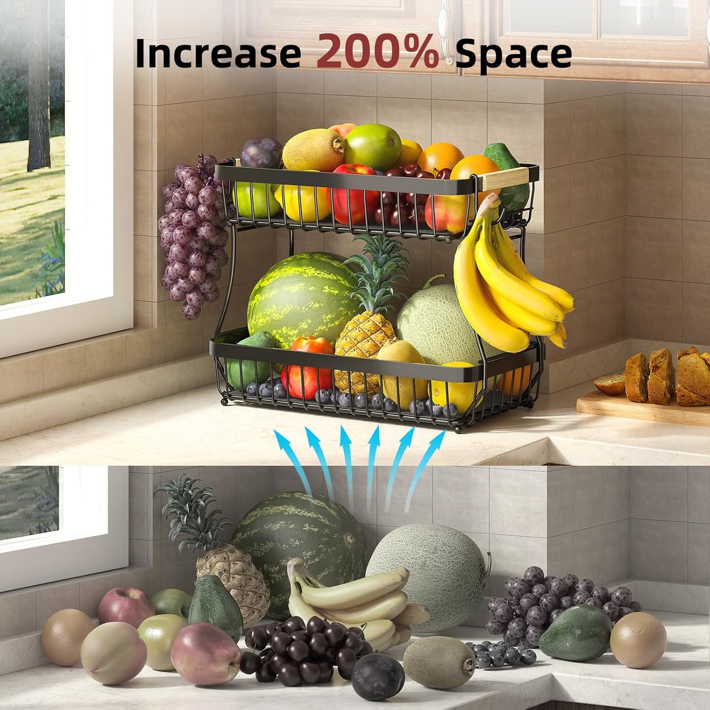 3 Tier Fruit Basket for Kitchen Counter with 2 Mobile Banana Hangers, 2025 Pro Detachable Metal Fruit Bowl with Wooden Handle, Fruit Holder for Bread Snack Veggies with Protective Mats