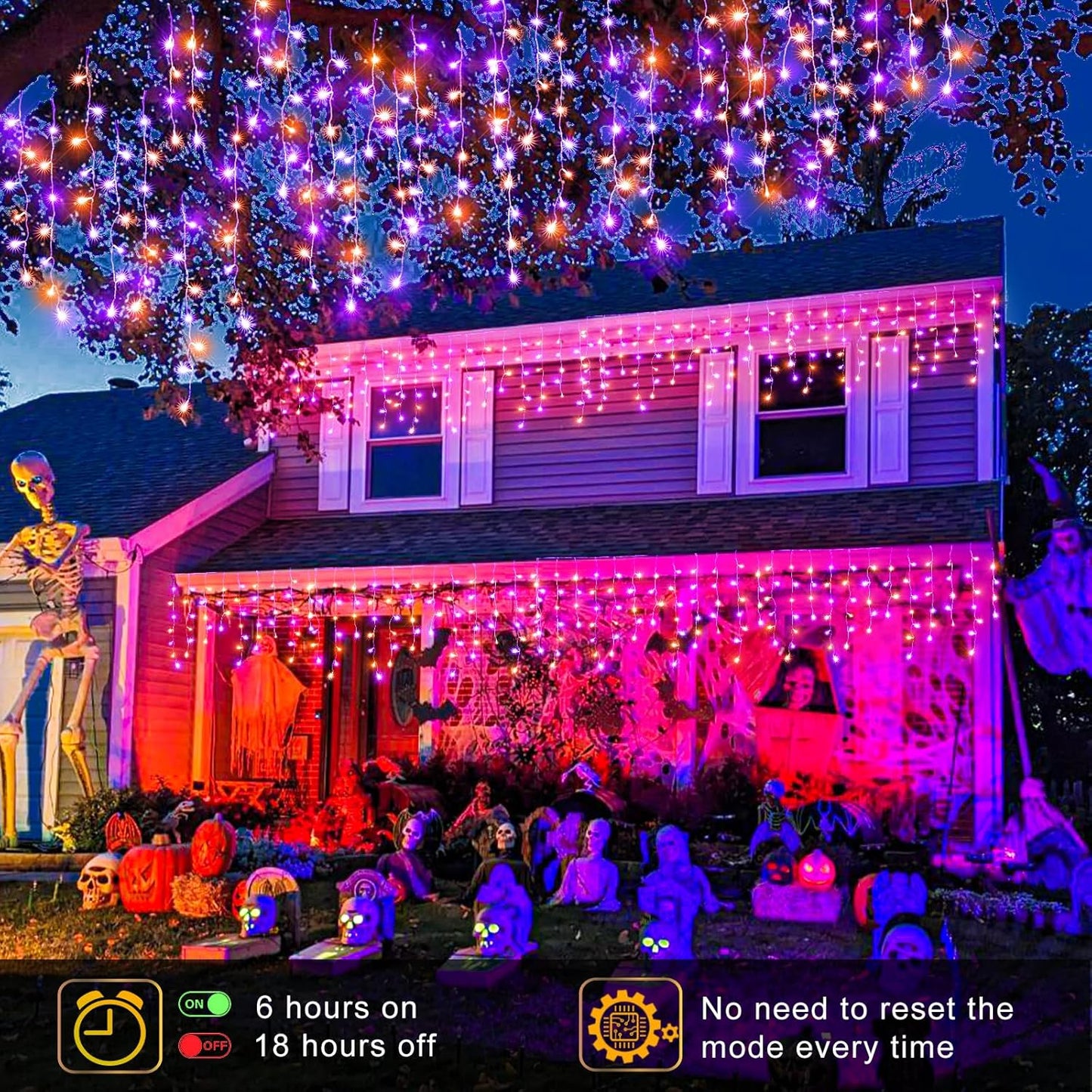 Halloween Icicle Lights, 66FT 640 LED Purple & Orange Icicle Lights for Outside with 8 Modes 120 Drops, Waterproof Plug in String Light for Indoor Outdoor House Yard Patio Party Holiday Decorations