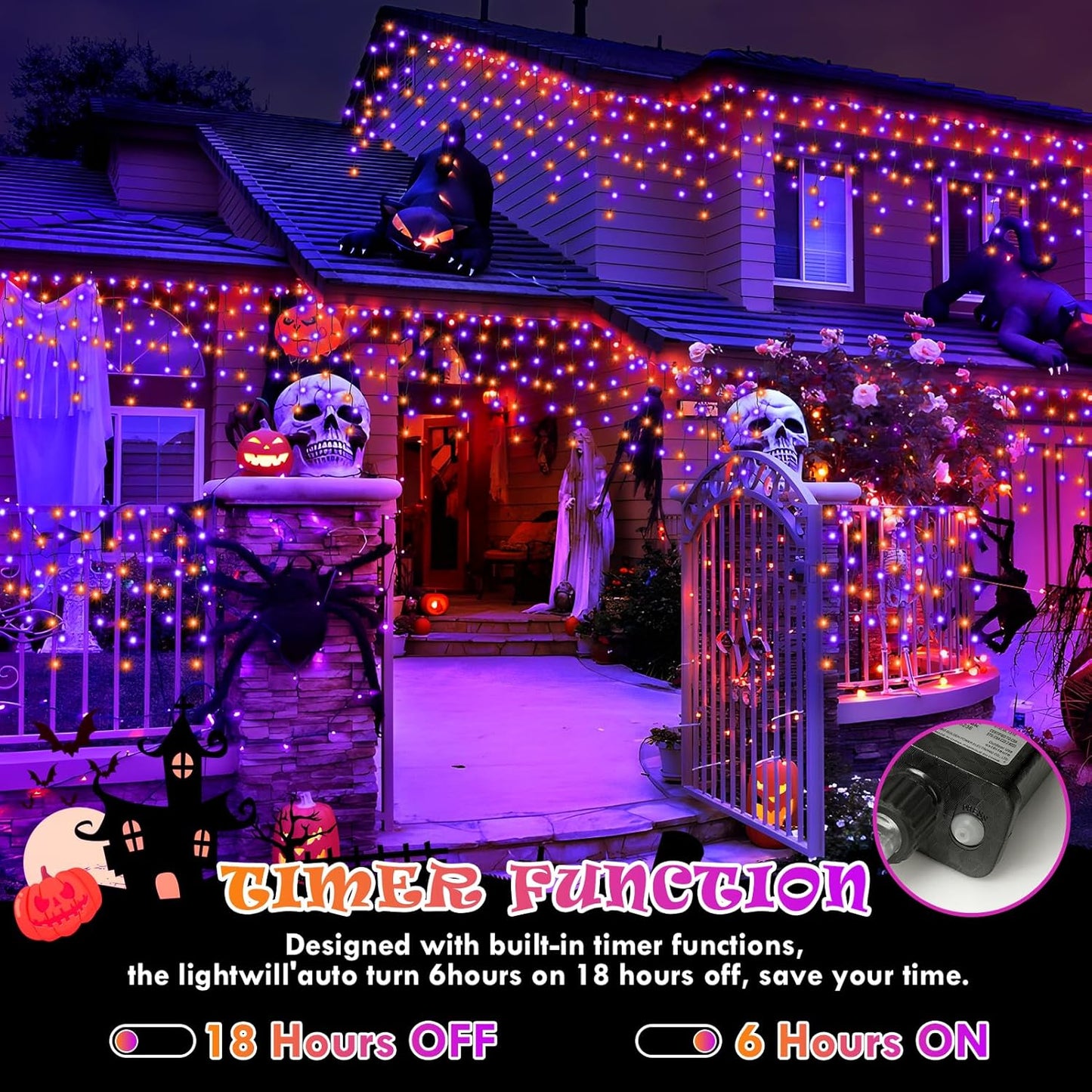 Heceltt Halloween Lights Outdoor, Orange and Purple 39FT 480LED Halloween String Lights with 90 Drops, 8 Modes Timer Memory Function, Night Light for House Roof Party Decor