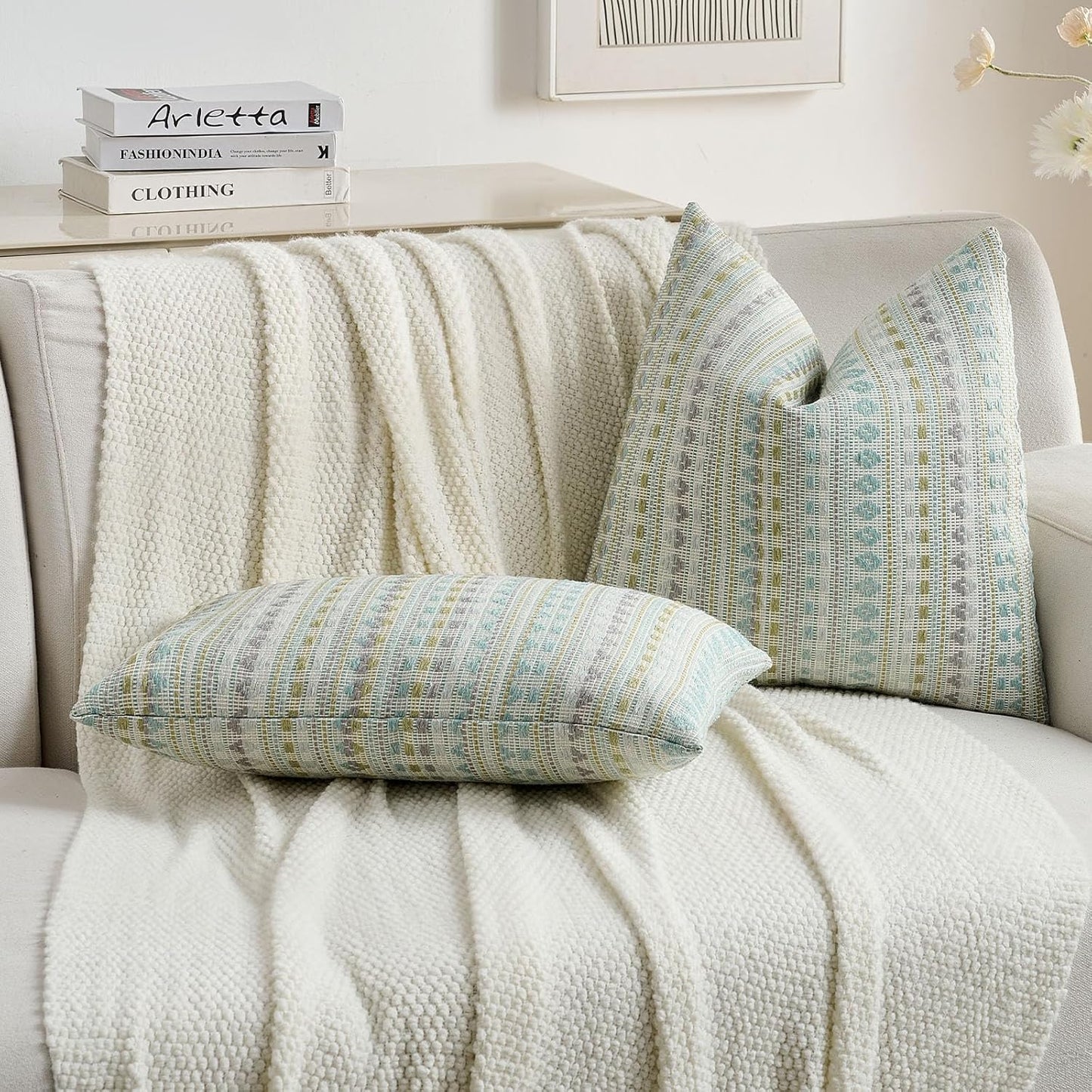 FUTEI Green Blue Decorative Throw Pillow Covers 18x18 Inch Set of 2,Soft Cozy Chenille Jacquard Textured Cushion Case,Boho Home Decor for Couch Bed Living Room