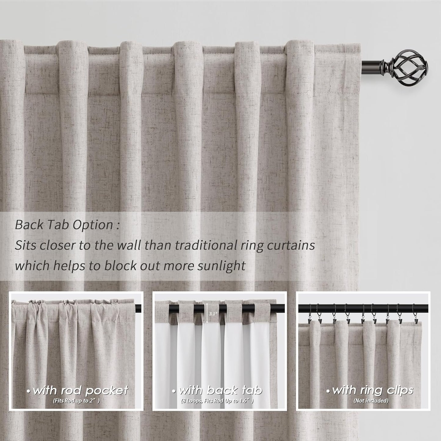 100 Inch Blackout Curtains 2 Panels Set Back Tab Thermal Insulated Brownish Grey Linen Textured Black Out Curtains Noise Reducing Neutral Living Room Darkening Window Drapes Pleated Look 52x100