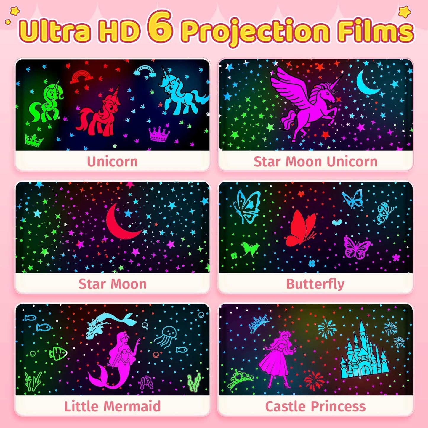 PIKOY Unicorn Room Decor for Girls Bedroom, 96 Lights+6 Films Unicorn Night Light for Girls Room Decor, Princess+Mermaid+Butterfly Lamp, 360° Rotation+Cordless 3-6 Year Old Girl Birthday Gift Ideas